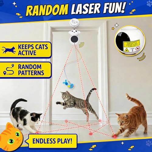 Interactive Cat Toys for Indoor Cats - 2 in 1 Automatic Laser Pointer Cat Toy with Flying Bird，Smart Moving Wand Toy with 2 Modes, Doorway Hanging