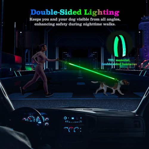 4 Ft LED Dog Leash, Light Up & Lighted Dog Leash, 7 Lighting Modes, Glow in The Dark, Reflective, Double-Sided Light, Rechargeable with Padded Handle