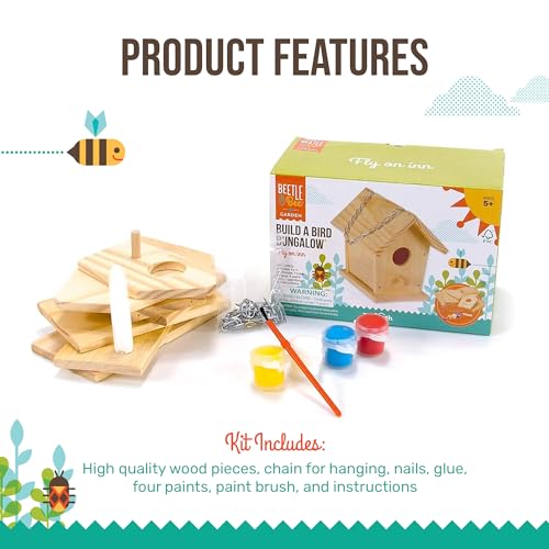 Beetle & Bee Build A Bird Bungalow - DIY Kid Art Craft Outdoor Birdhouse Kit, House Painting Kit for Kids, Hardware Glue Included- 4 Paints, 1 Brush