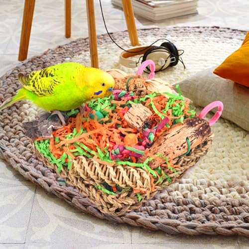 KATUMO Bird Toys, Parakeet Grass Mat Foraging Toy Parrot Shredding Hanging for Cockatiel Lovebird Parakeet Budgie Small-Medium Birds