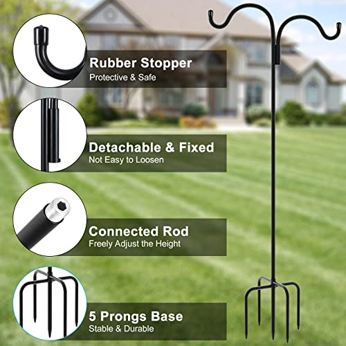 Gtongoko Double Shepherds Hook for Outdoor, 92 Inch Bird Feeder Pole with 5 Prongs Base, 5/8 Inch Thick Heavy Duty Adjustable Garden Hook for Hanging
