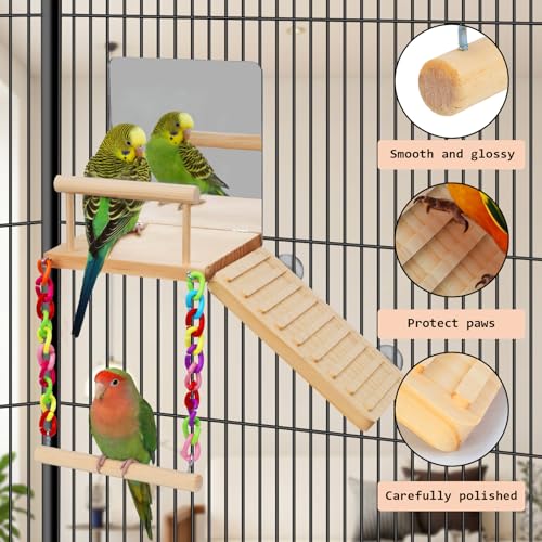 Bird Perches Platform Swing with Bird Mirror Climbing Ladder Birds Toys Cage Accessories for Cockatiels, Lovebirds, Pacific Parrotlets,Chinchilla