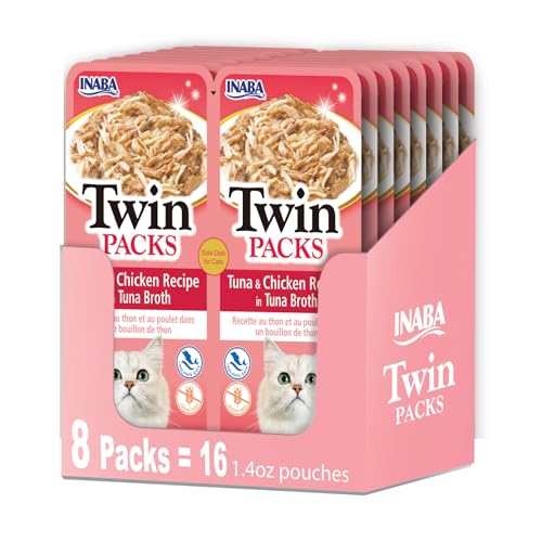 INABA Twin Packs for Cats, Side Dish/Topper Pouch, 1.4 Ounces per Serving, 16 Servings, Tuna & Chicken Recipe in Tuna Broth