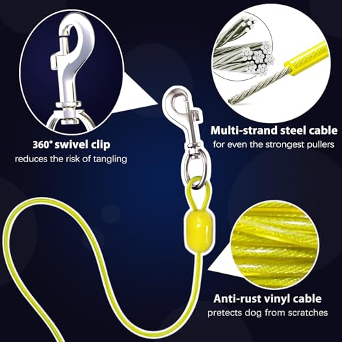 30ft Dog Tie Out Cable and Stake, 360°No Tangle Heavy Spiral Dog Steel Anchor and Retractable Leash for Small to Large Dogs Up to 10-90 lbs Lead for