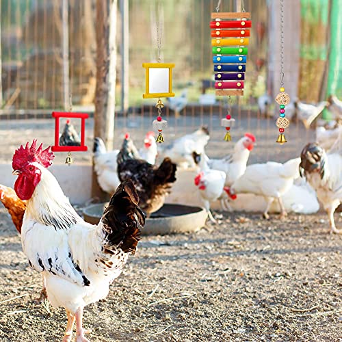 Sumind 6 Pieces Chicken Mirror Chicken Toys for Coop with Bells, Hen Xylophone Toy with 8 Metal Keys, Parrot Grinding Stone, Sepak Takraw Toy