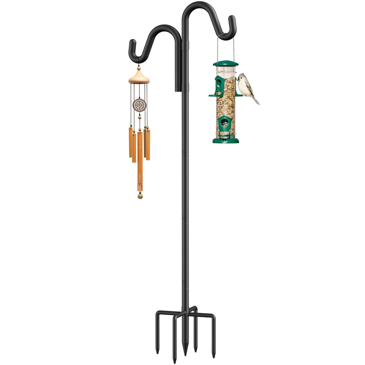 76" Double Hooks Heavy Duty Adjustable Bird Feeder Pole with Sturdy 5-Prong Base, Height Adjustable Shepherds Hook for Hanging Feeders, Plants, Solar