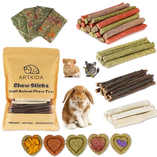 65PCS Rabbit Bunny Guinea Pig Chew Toys Treats, Chinchilla Hamster Chews Toys for Teeth, Timothy Hay Chips Treats Sticks for Rabbit Guinea Pig