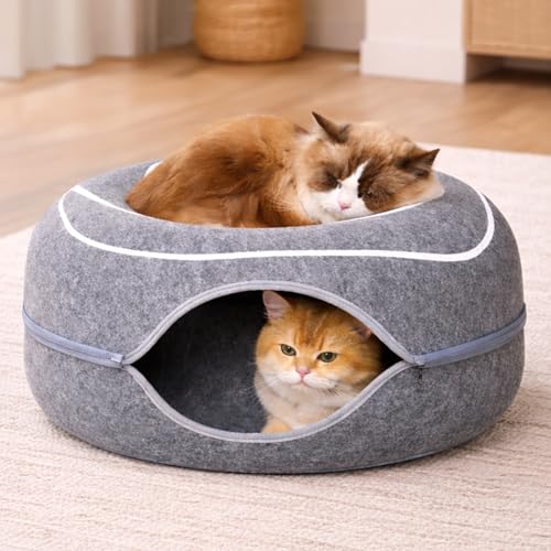 Peekaboo Cat Cave Donut - Cat Tunnel Bed for Indoor Cats – Cute Patterns Hideaway for Multiple & Large Cats, Scratch-Resistant (Dark Gray)