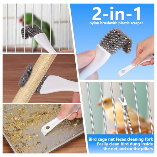 XANGNIER Bird Cage Cleaner Brush Kit,Bird Poop Remover Cleaning Tools Set Accessories for Small,Medium,Large,Tall,Stainless
