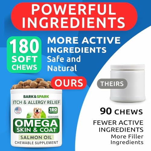 BARK&SPARK Omega 3 for Dogs - 180 Fish Oil Treats for Dog Shedding, Skin Allergy Chews, Itch Relief, Hot Spots Treatment - Joint Health - Skin and
