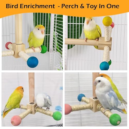 Bird Stand Perch Toy, Interactive Spinning Parakeet Toys, Wooden Exercise Wheel Parrot Toy, Enrichment Cockatiel Toy for Birds Cage, Bird Cage