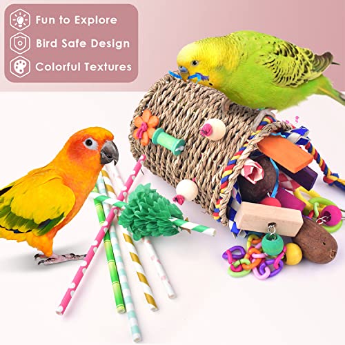 KATUMO Bird Toys, Parrot Grass Basket and Shredding Foraging for Parakeets, Cockatiels, Conures, Small and Medium Bird Cage Accessories