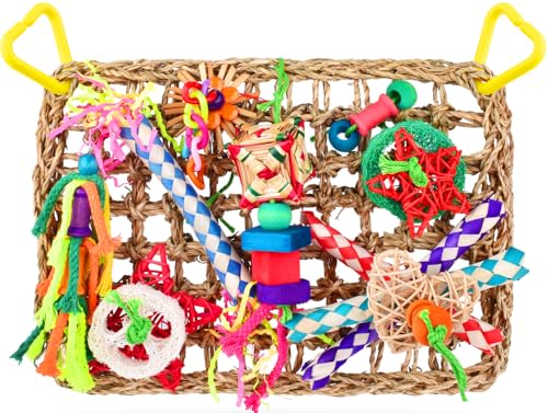 KATUMO Bird Toys, Bird Foraging Wall Toy, Edible Seagrass Woven Climbing Hammock Mat with Colorful Chewing Toys, Suitable for Lovebirds, Finch