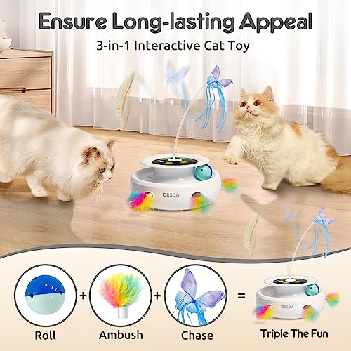ORSDA Cat Toy, 3-in-1 Automatic Interactive Electronic Moving Ambush Feather, Fluttering Butterfly, Track Balls, USB Rechargeable Powered Smart