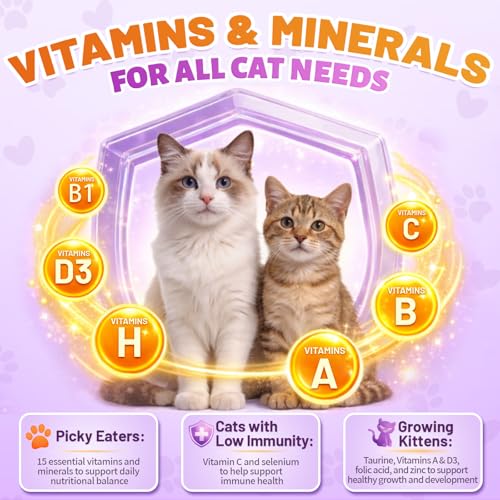 Taurine for Cats Vitamins Treats, 15 in 1 Cat Multivitamin Support Joint, Skin Coat, Digestion, Immunity & Energy, 500 Crunchy & Creamy Chews with