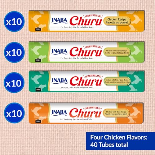 INABA Churu Cat Treats, Lickable, Squeezable Creamy Purée Cat Treat with Green Tea Extract & Taurine, 0.5 Ounces Each Tube, 40 Tubes, Chicken Variety