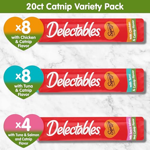Delectables Squeeze Up Catnip Variety Pack, Creamy Squeezable Puree, Lickable Wet Cat Treats, Grain Free, No Added Fillers, No by-Products, No Added