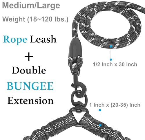 Double Dog Leash with Two Extra Traffic Handles, 360 Swivel No Tangle Dual Dog Walking Leash, Comfortable Shock Absorbing Reflective Bungee for Two