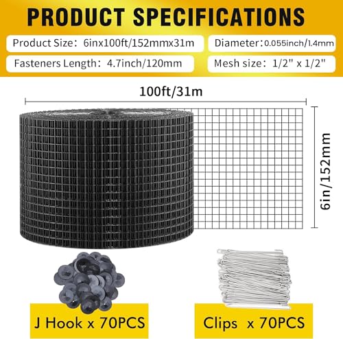 6in X 100ft Solar Panel Bird Guard,Solar Panel roof Protection net 1/2inch Mesh PVC Black Vinyl Coated Galvanized net 70 Fastener ClipsUsed for