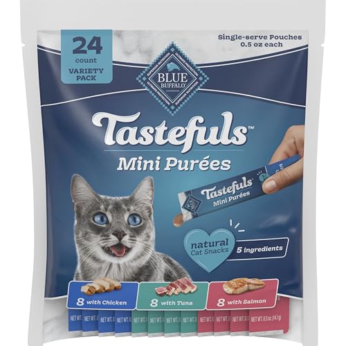 Blue Buffalo Tastefuls Mini Purées Natural Cat Treats, Chicken, Tuna, Salmon Variety Pack, 0.5 oz. Single Servings, 24-Count