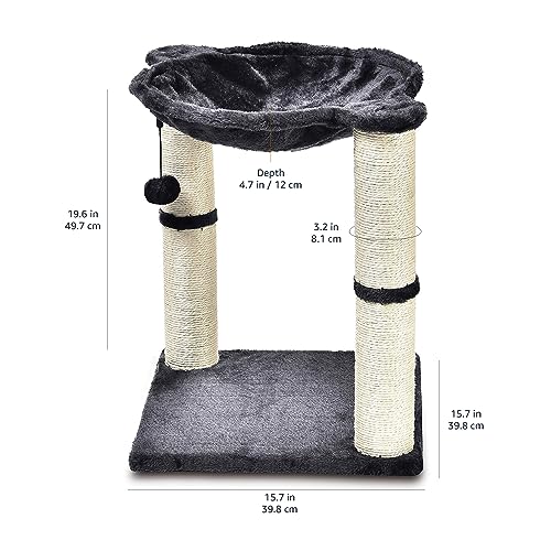 Basics Sturdy Cat Condo Tower with Hammock Bed and Scratching Posts, Interactive Hanging Ball Toy for Indoor Cats, 15.8" x 15.8" x 19.7", Gray
