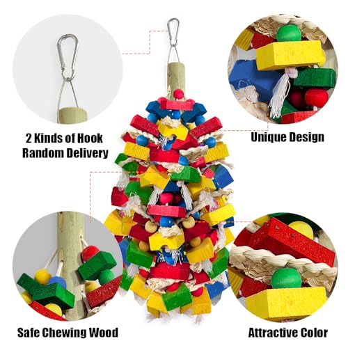 Parrot Toys for Large Birds, Multicolored Wooden Blocks Bird Chewing Toy Parrot Cage Bite Toy for Macaws Cokatoos African Grey and Large Medium