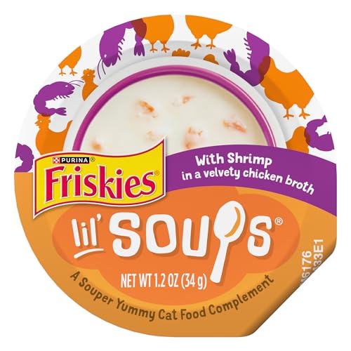 Purina Friskies Grain Free Lickable Cat Food Toppers Lil’ Soups With Shrimp in a Velvety Chicken Broth - (Pack of 8) 1.2 oz. Cups