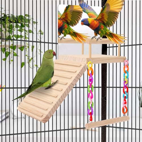 KyoukiBird Perch Platform Bird Toys with Bird Mirror Climbing Ladder Swing, Parakeet Cage Accessories - for Cockatiels, Lovebirds, Budgies,Pacific
