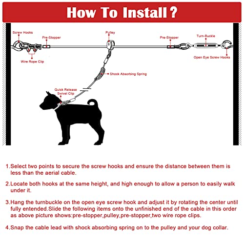 100FT Dog Runner for Yard with 15FT Tie Out Cable - Heavy Duty Trolley System for Large Dogs Up to 250LBS, Backyard/Park/Camping Use (Red, 100FT+15FT)
