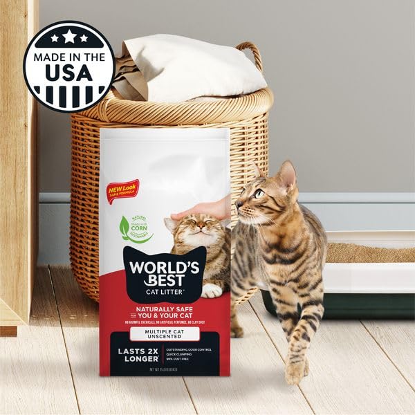 WORLD'S BEST CAT LITTER Multiple Cat Unscented, 32-Pounds - Natural Ingredients, Quick Clumping, Flushable, 99% Dust Free & Made in USA