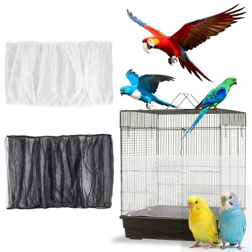 2Pcs Bird Cage Seed Catcher - Black White Bird Cage Cover, Birds Cages Netting Skirt Birds Cages Seed Catcher Guard for Parrot Parakeet Enclosures