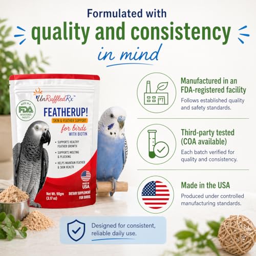 UnRuffledRx FeatherUp! Bird Molting Support & Feather Growth Supplement - for Plucking, Regrowth & Molt - Multivitamin & Amino Acids for All Birds