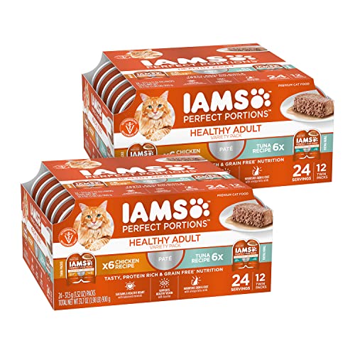 IAMS Perfect Portions Sensitive Digestion & Skin Wet Cat Food Pate, Healthy Adult Grain Free Pate, Chicken and Tuna Recipe, 2.6 oz. (24 Twin Packs)