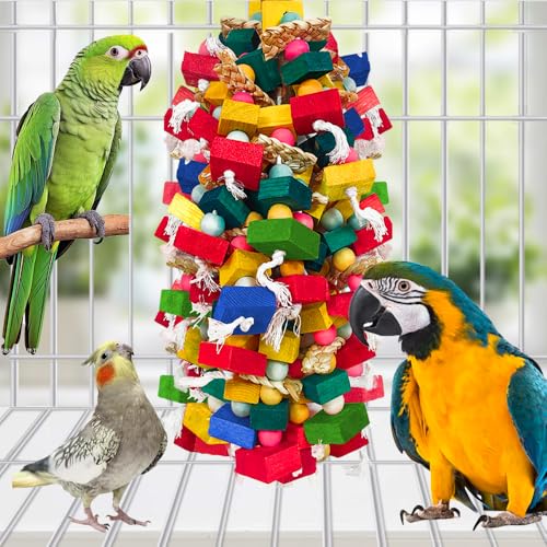 Bird Toys for Large Parrots Colorful Natural Wood Block Parrots Chew Foraging Toys for Bird Cages Cockatoos, Macaws, African Greys, and s