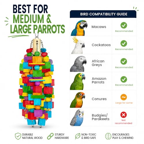Large Bird Toy, 20 in XL Parrot Toys Natural Wood Blocks Bird Chew Toy for Foraging, Stainless Steel Chain Hanging Cage Toy for Macaws, Cockatoos
