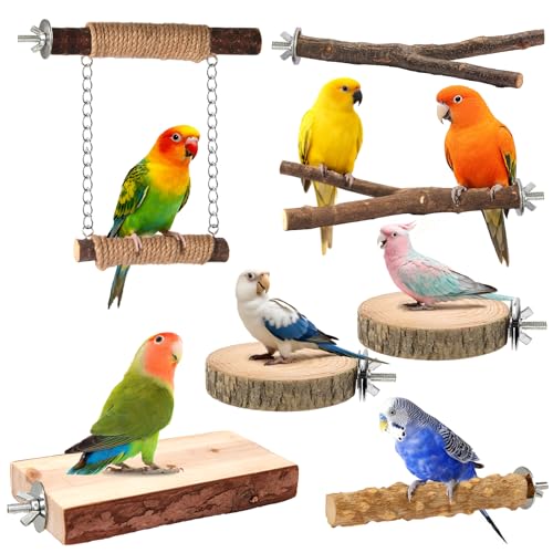 7-Piece Bird Perches for Cage- Wooden Parrot Stand with Fork Toys, Hanging Multi-Branch Platform, Hammock Swing, Gym Playstand & Chewing Toys - for