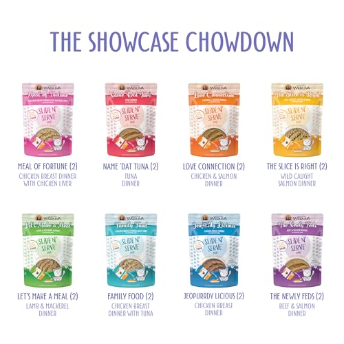 Weruva Slide N' Serve Paté Wet Cat Food, The Showcase Chowdown Variety Pack, 2.8oz Pouch, Pack of 16