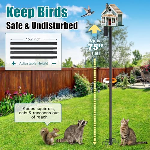 Heavy Duty Bird Feeder Pole - 75" Adjustable Birdhouse Stand Outdoor, Anti-Tip Stakes & Stable Mount for Smart Camera Birdfeeder,Bluebird House, Bird