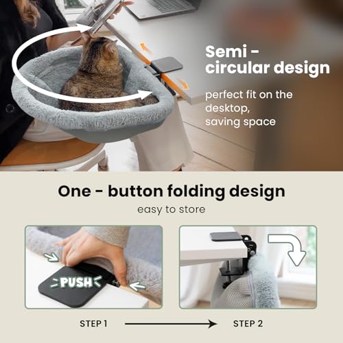 JUNSPOW Cat Desk Bed - One-Click Folding,Sunken Design & Space-Saving Semi-Circular Cat Bed, Soft Faux Rabbit Fur Material, Suitable for Various