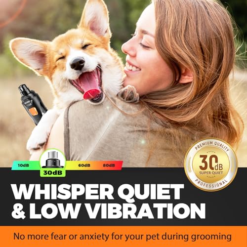 Whisper Quiet Dog Nail Grinder with 4 LED Lights, Safe & Stress-Free for Sensitive Dogs Cats of All Breeds & Sizes, 3 Grinding Bits, 3-Speed, Pet