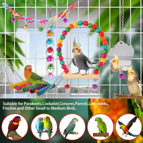Bird Toys for Parakeets, Parrots, Conures, Cockatiels, Love Birds, Finches, Mynah, Budgerigar - 9Pcs Wooden Ladder Bridge, Swing, Hammock, Cage