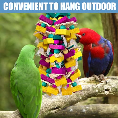 Large Bird Toys, Multi-Color Wooden Block with Bamboo Support Bird Chewing Toy Parrot Cage Bite Toy for Macaws Cokatoos African Grey and Large Medium