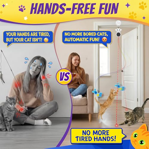 Interactive Cat Toys for Indoor Cats - 2 in 1 Automatic Laser Pointer Cat Toy with Flying Bird，Smart Moving Wand Toy with 2 Modes, Doorway Hanging