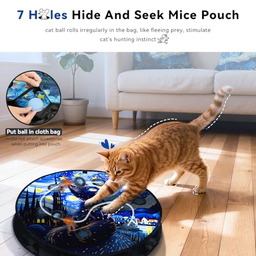 Interactive Cat Toy with Motion Activated Ball & 7-Hole Play Mat, Hide and Seek Exercise Game for Indoor Cats, Automatic Moving Cat Ball in Pouch