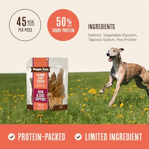 Waggin' Train Salmon Jerky Dog Treats for Skin and Coat Support, Made with 100% Real Salmon, No Grains and No Artificial Flavors or Colors, High