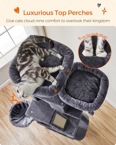 Feandrea Cat Tree, 81.1-Inch Large Cat Tower, Multi-Level Plush Condo with 13 Scratching Posts, 2 Perches, 2 Caves, Basket, Hammock, Pompoms, Smoky