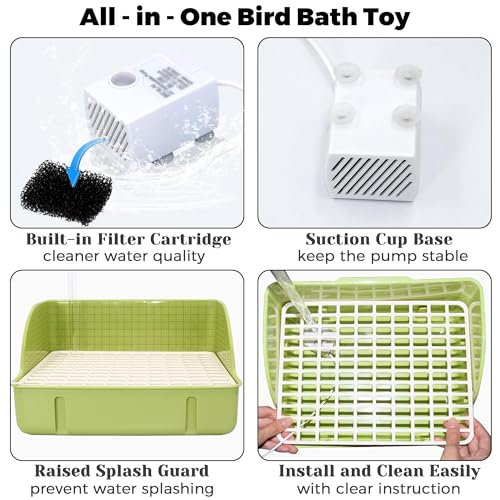 Automatic Parakeet Bird Bath with Pump, Large Bird Shower Fountain Indoor Bathtub with Running Water, Parrot Bath Tub Faucet for Pet Birds, African