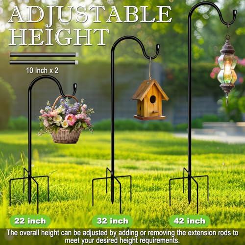 Shepherds Hooks for Outdoor 42 Inch Garden Bird Feeder Pole with 5 Prongs Base Adjustable for Hanging Flower Basket Plant Pot Solar Lantern Light
