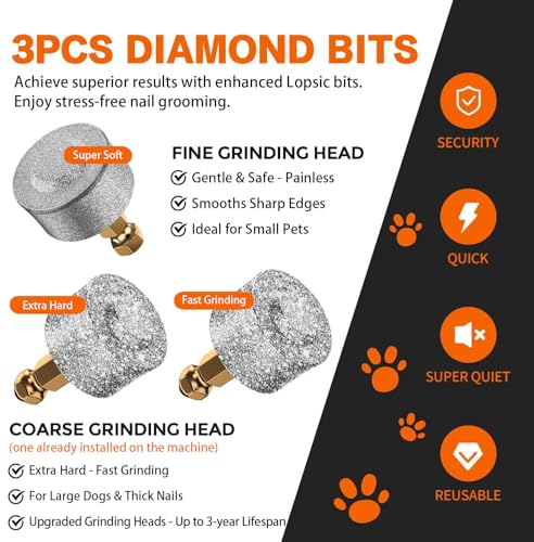 Whisper Quiet Dog Nail Grinder with 4 LED Lights, Safe & Stress-Free for Sensitive Dogs Cats of All Breeds & Sizes, 3 Grinding Bits, 3-Speed, Pet