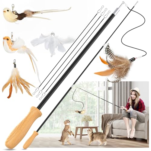 ROSAUI Cat Teaser Wand Toys, Interactive Bird Toys for Indoor Kittens, 42.15’’ Long Cat Fishing Pole Toys, 2Pcs Wires and 5Pcs Natural Refills